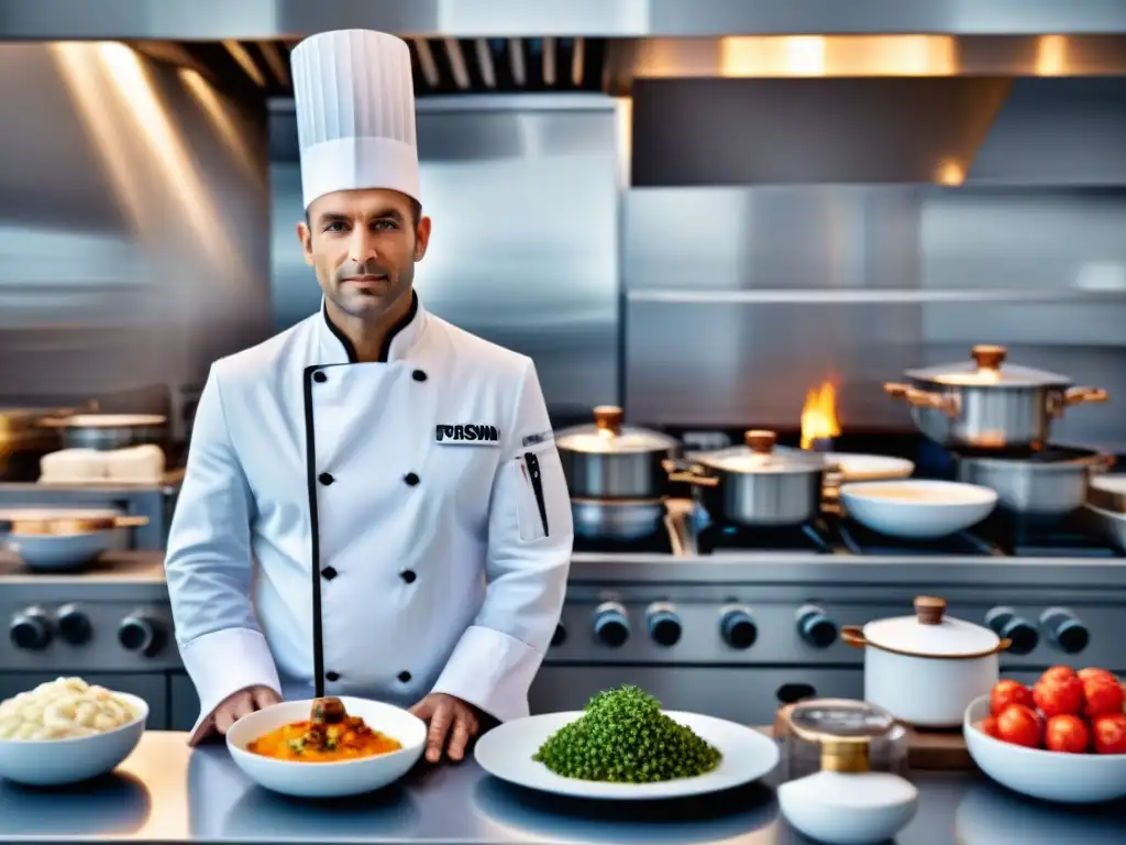 Un chef francés innovador en una cocina moderna, fusionando técnicas tradicionales con métodos vanguardistas