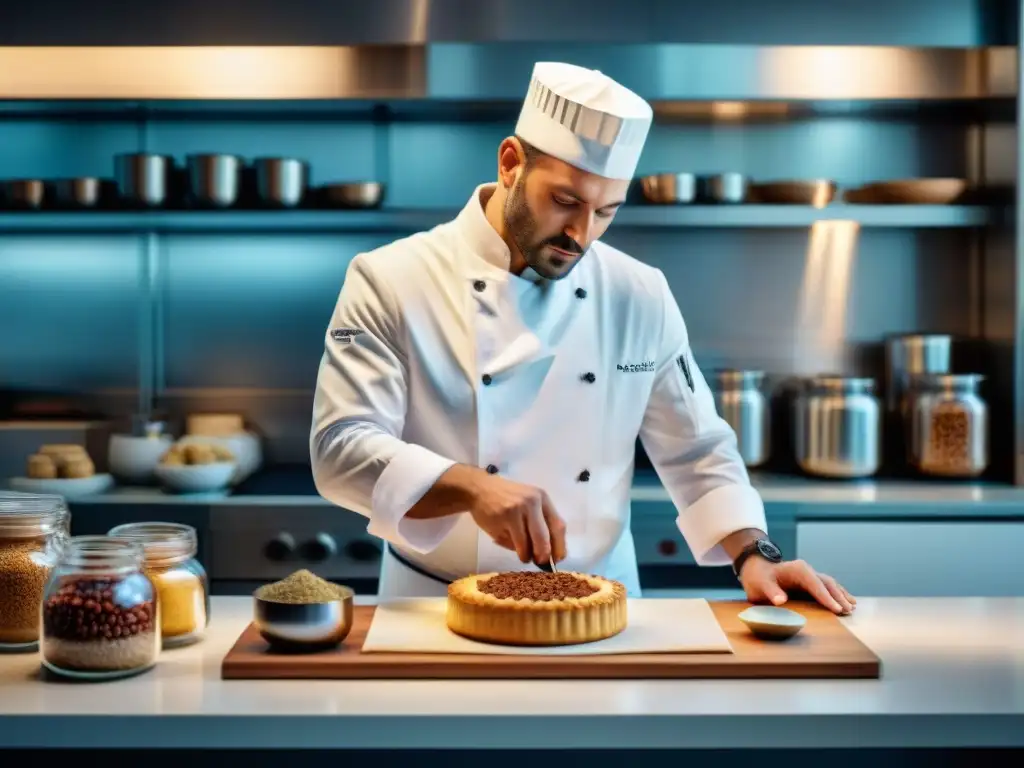 Un chef francés innovador crea una exquisita pastelería en una cocina moderna y sofisticada