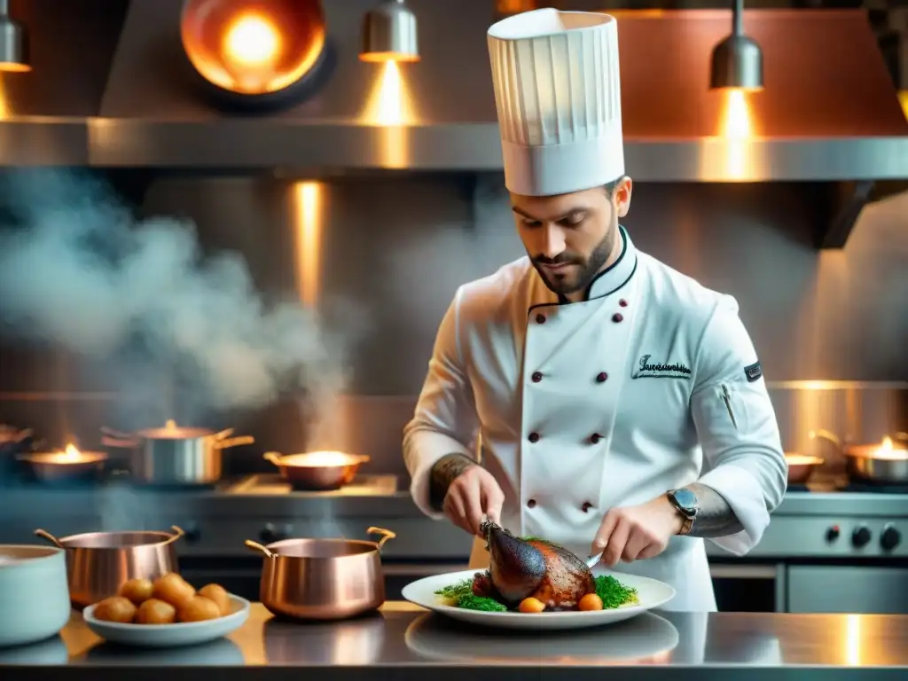 Un chef francés innovador preparando un exquisito Coq au Vin en una cocina encantadora