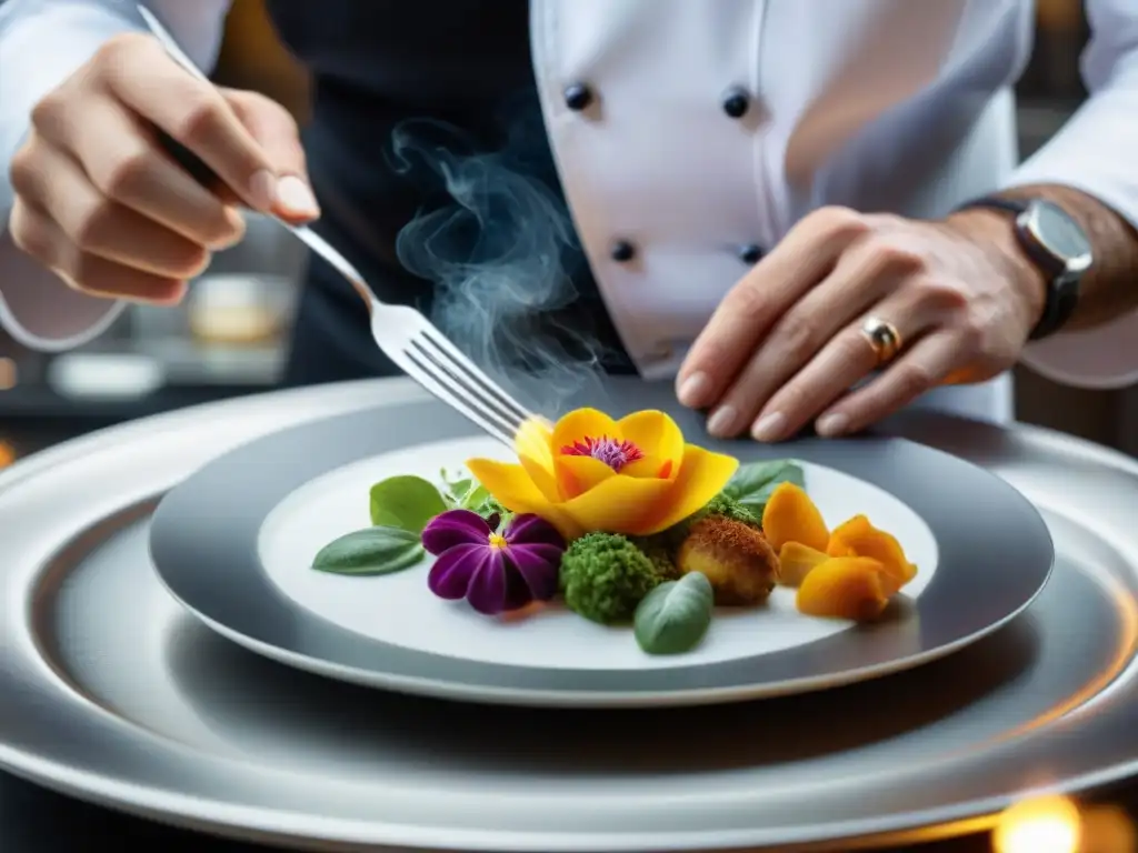 Un chef francés innovador coloca una flor comestible en un plato exquisito, reflejando pasión culinaria