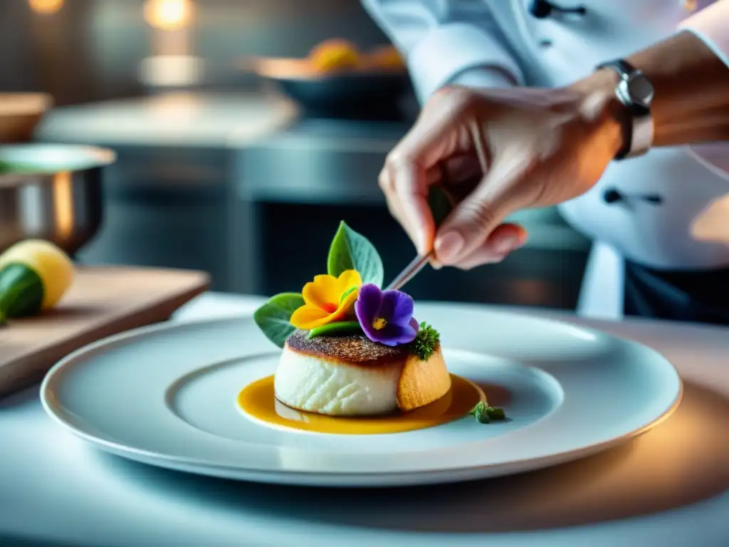 Un chef francés innovador colocando flores comestibles con precisión en un plato blanco