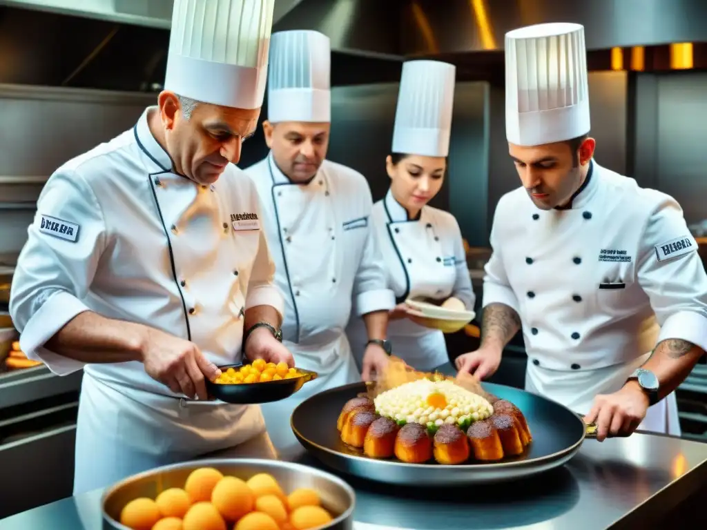 Un chef francés innovador creando su icónico plato en una cocina bulliciosa