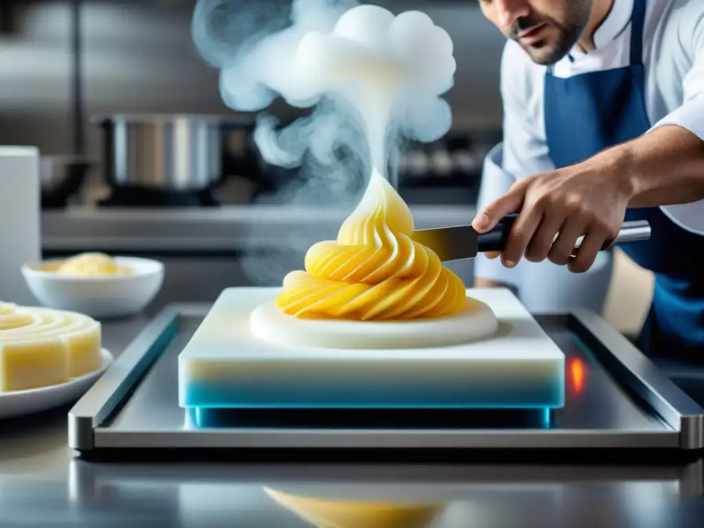 Un chef francés innovador usando una impresora 3D en su cocina de vanguardia, fusionando tecnología y gastronomía en la revolución culinaria francesa