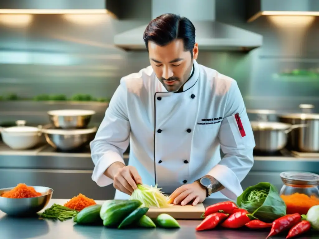 Un chef francés innovador preparando kimchi con maestría en una cocina moderna