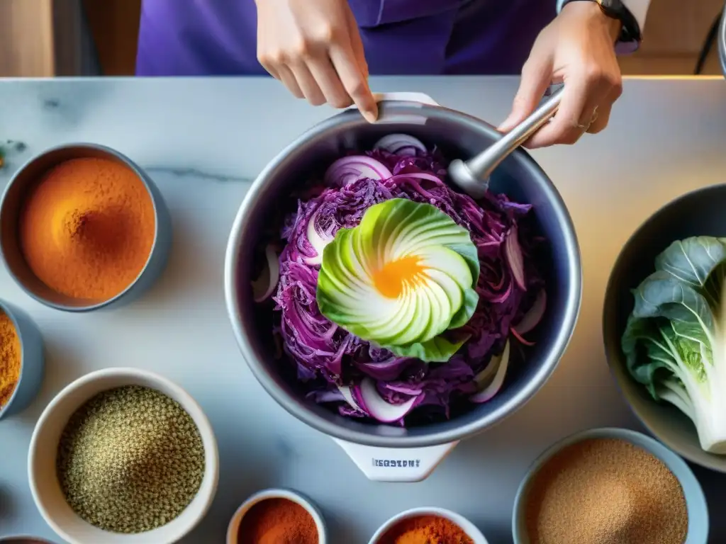 Un chef francés innovador mezclando kimchi en una cocina vibrante