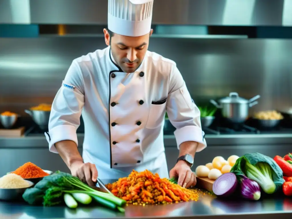 Un chef francés innovador preparando kimchi en una cocina moderna, fusionando técnicas tradicionales con sabores exóticos