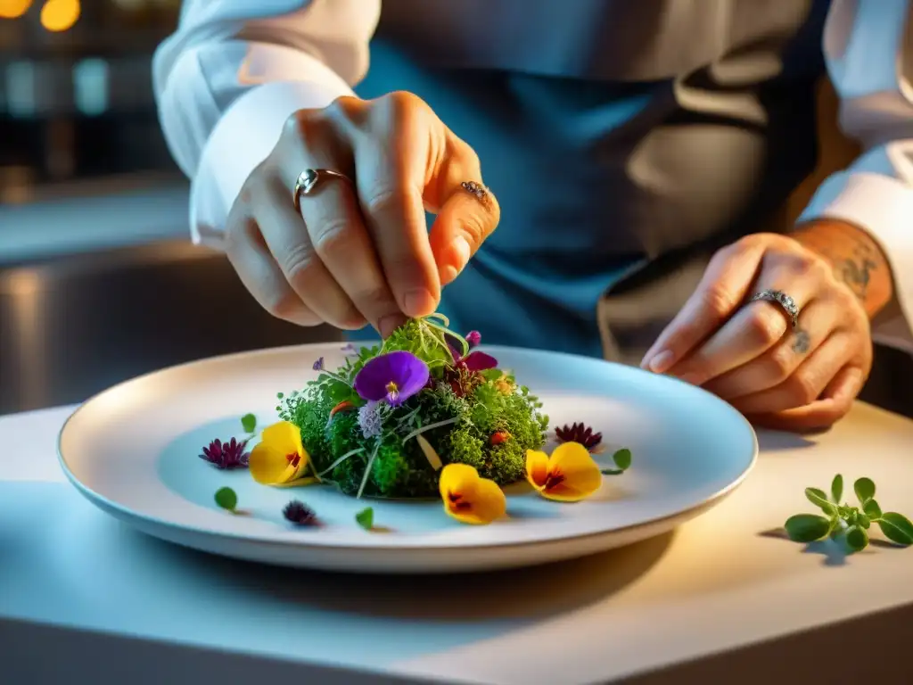 Un chef francés innovador crea una obra maestra culinaria con flores comestibles y microgreens, destacando la nouvelle cuisine francesa innovadora