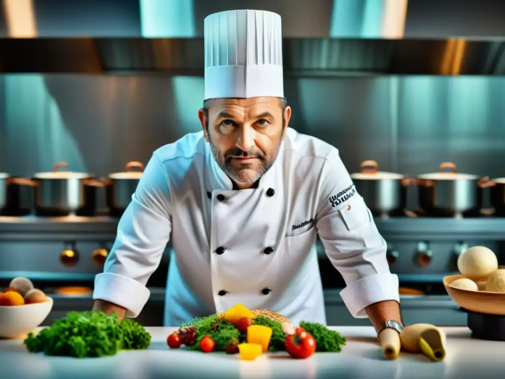 Un chef francés innovador preparando una obra maestra culinaria en una cocina moderna