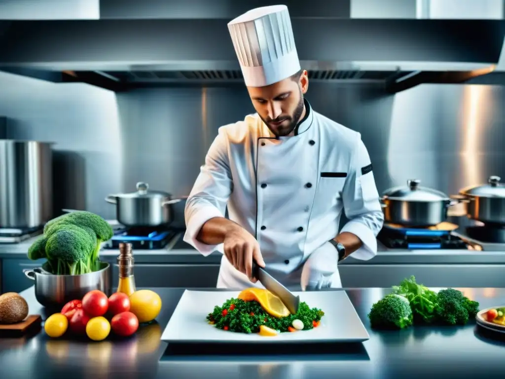 Un chef francés innovador preparando una obra culinaria en una cocina moderna y sofisticada