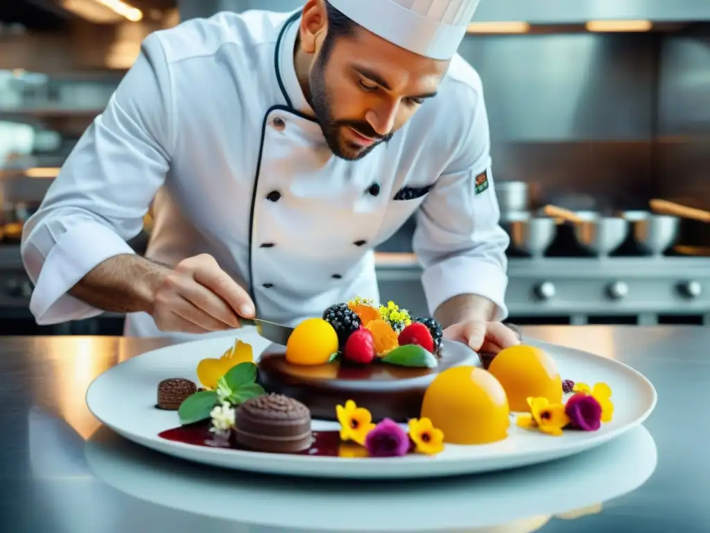 Un chef francés innovador crea una obra maestra gastronómica en una cocina profesional