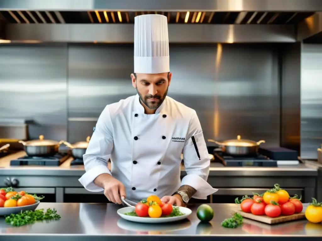 Un chef francés innovador preparando plato en cocina moderna