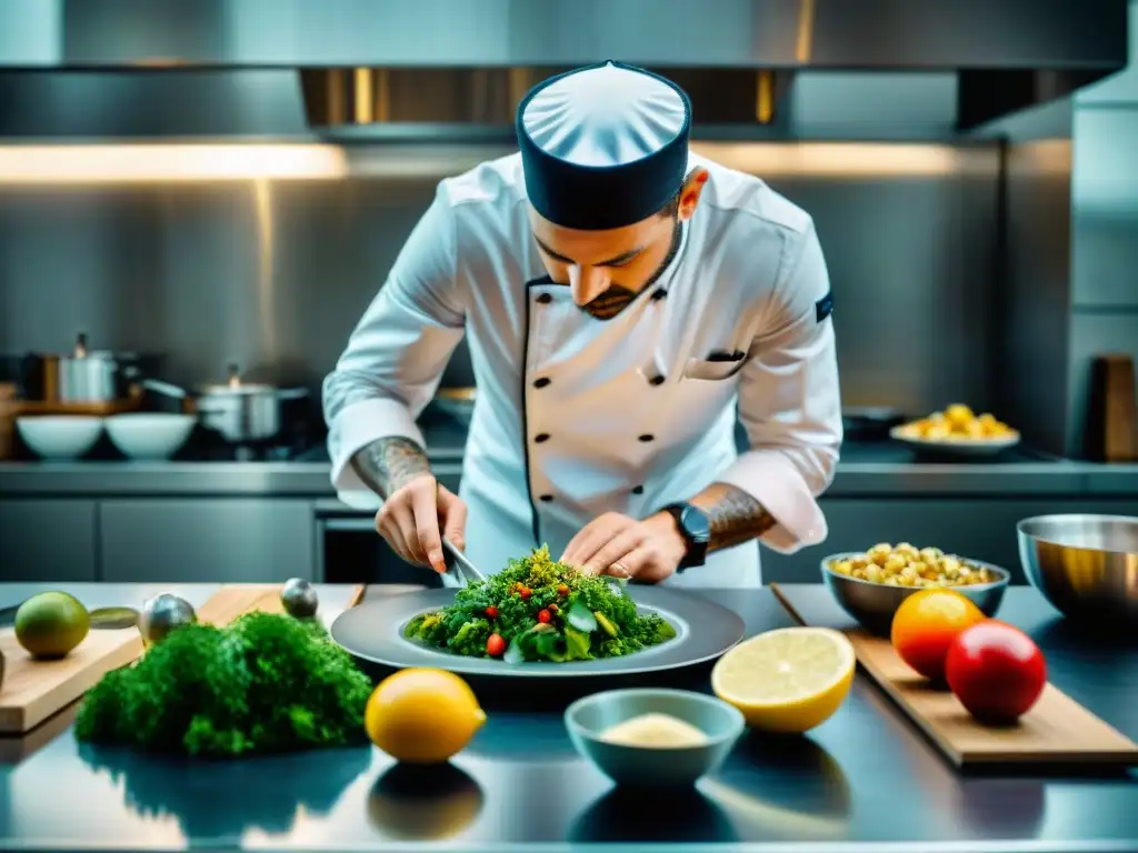 Un chef francés innovador creando un plato vanguardista en una cocina moderna