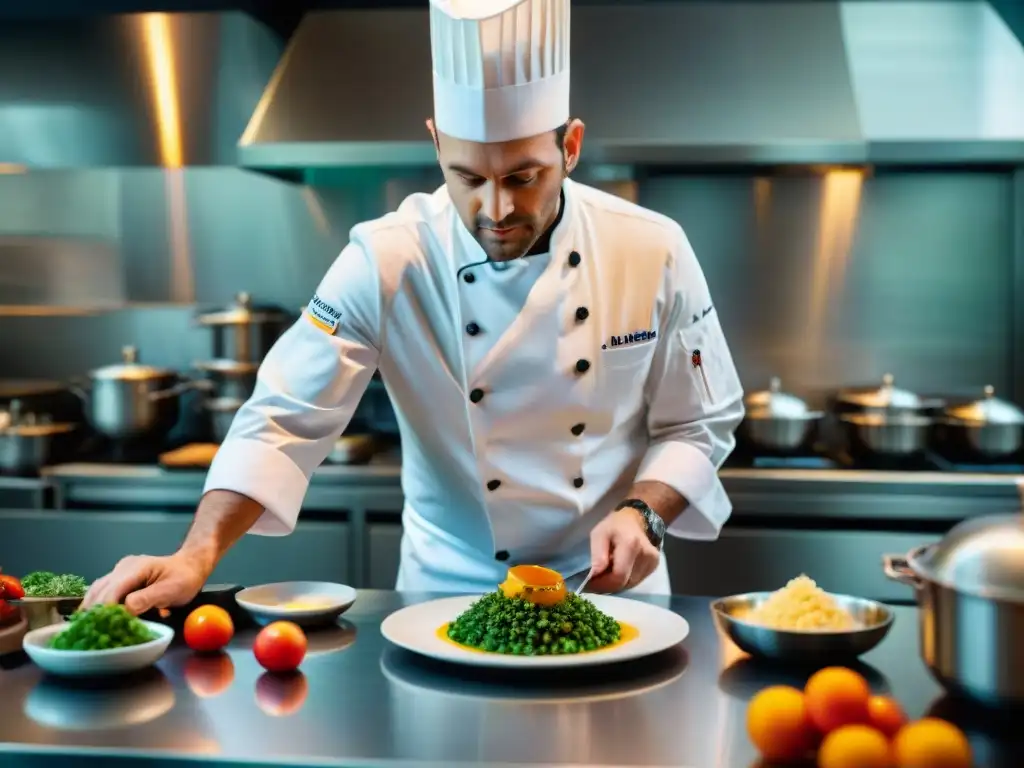 Un chef francés innovador prepara un plato artístico en una cocina moderna, reflejando las Innovaciones culinarias en Francia