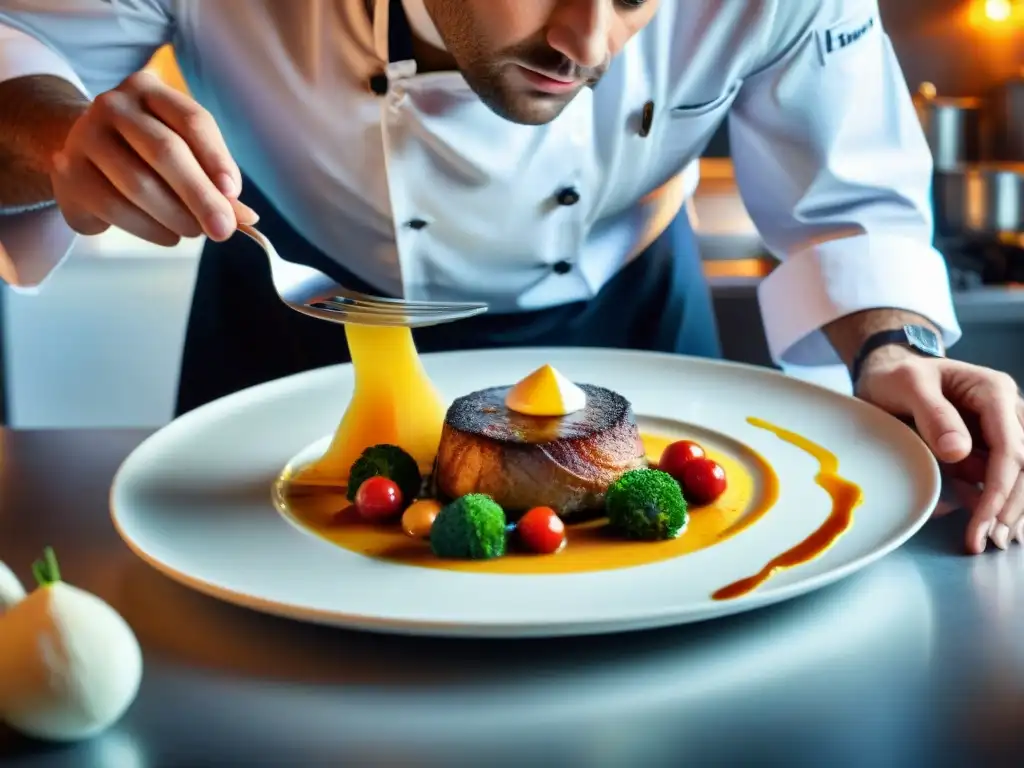 Un chef francés tradicionalmente innovador preparando un plato en una cocina profesional bulliciosa