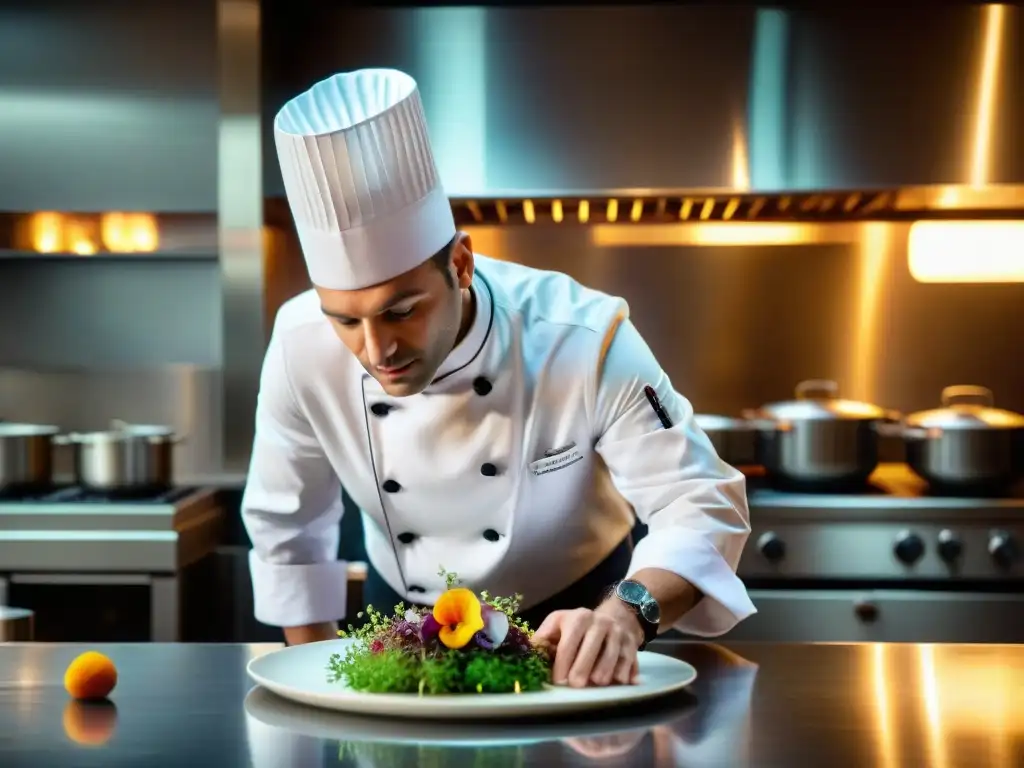 Un chef francés innovador prepara un plato clásico con flores comestibles y microgreens en una cocina de restaurante con estrella Michelin