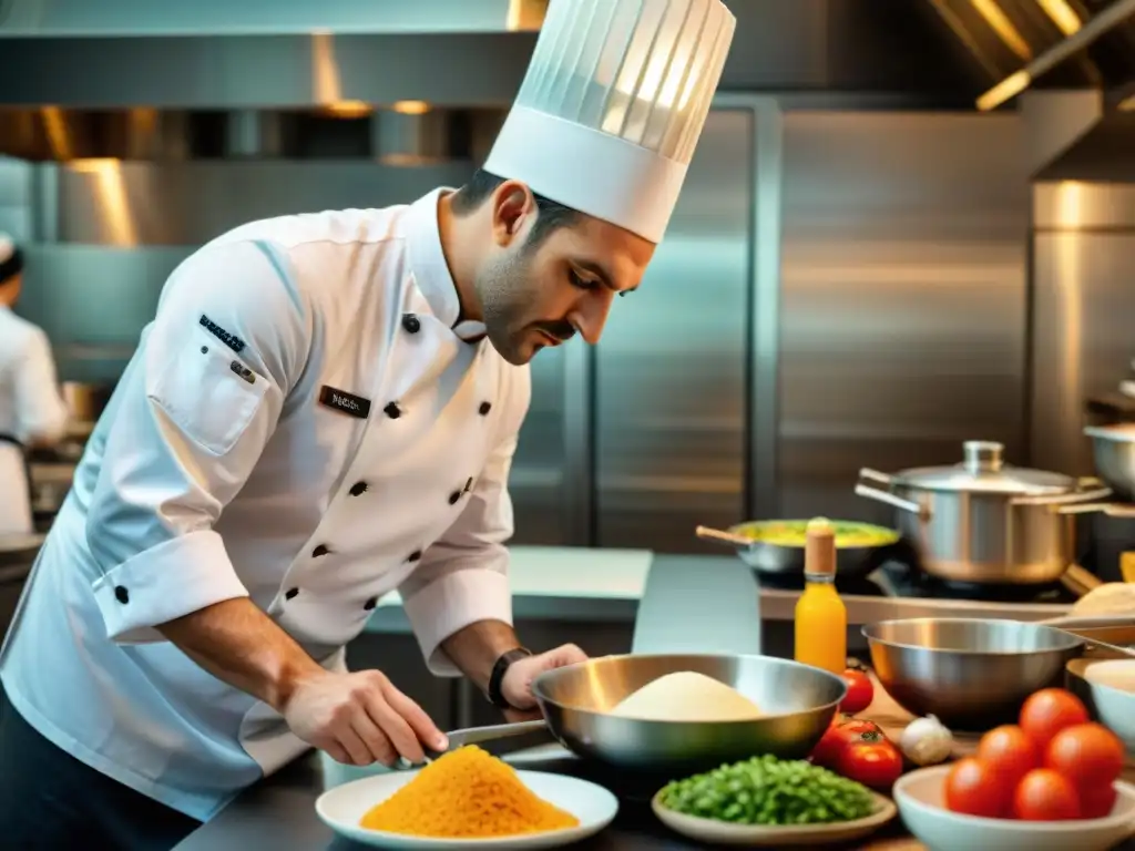 Un chef francés innovador creando un plato en una cocina tradicional, resaltando la fusión de tradición y técnica culinaria