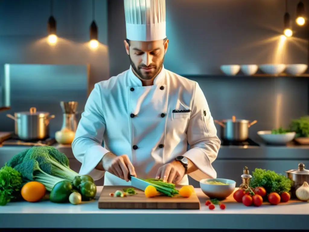 Un chef francés innovador preparando un plato culinario en vivo con precisión y creatividad en un estudio de cocina moderno