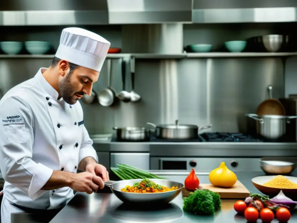 Un chef francés innovador preparando un plato sorprendente en una cocina moderna