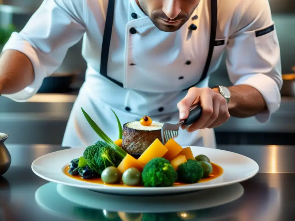 Un chef francés innovador creando un plato visualmente impresionante en una cocina moderna