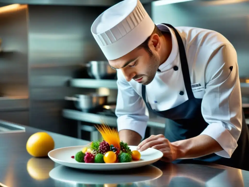 Un chef francés innovador plantea con precisión un plato vanguardista en una cocina minimalista