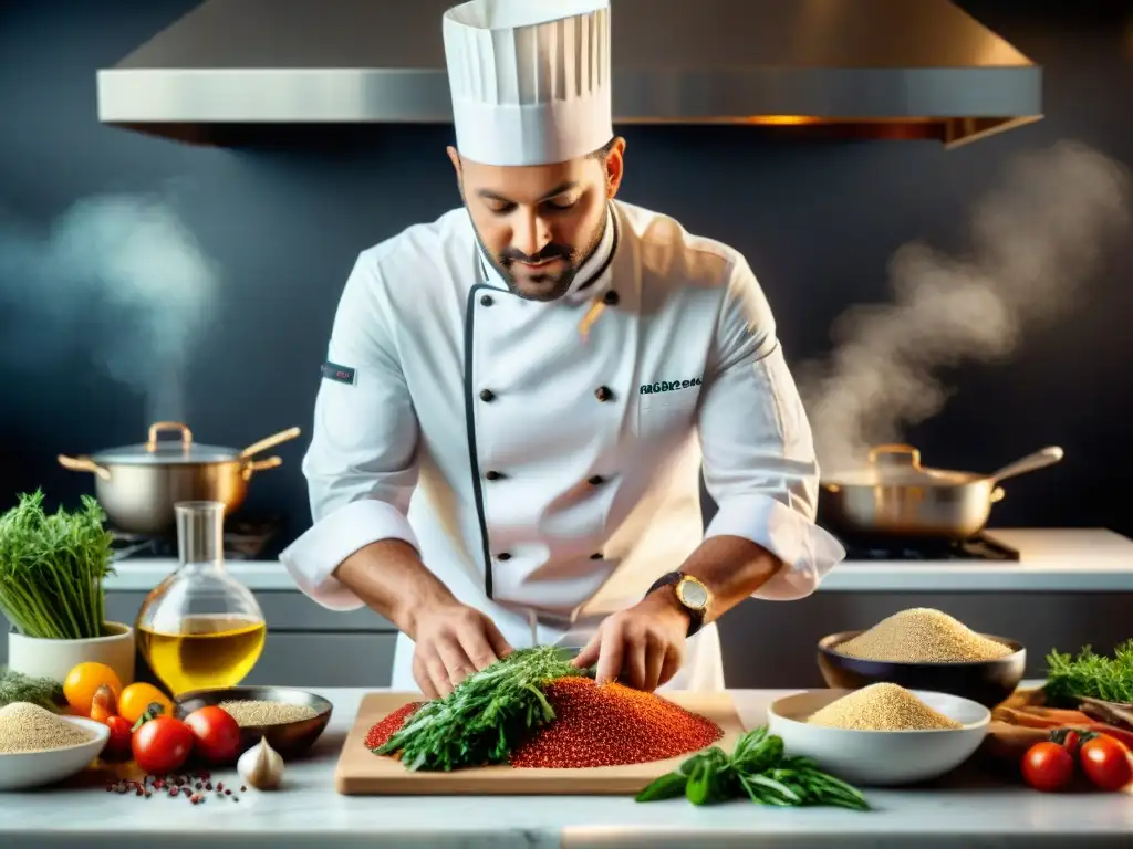 Un chef francés innovador incorpora quinua en una receta francesa, rodeado de ingredientes frescos en una animada cocina profesional