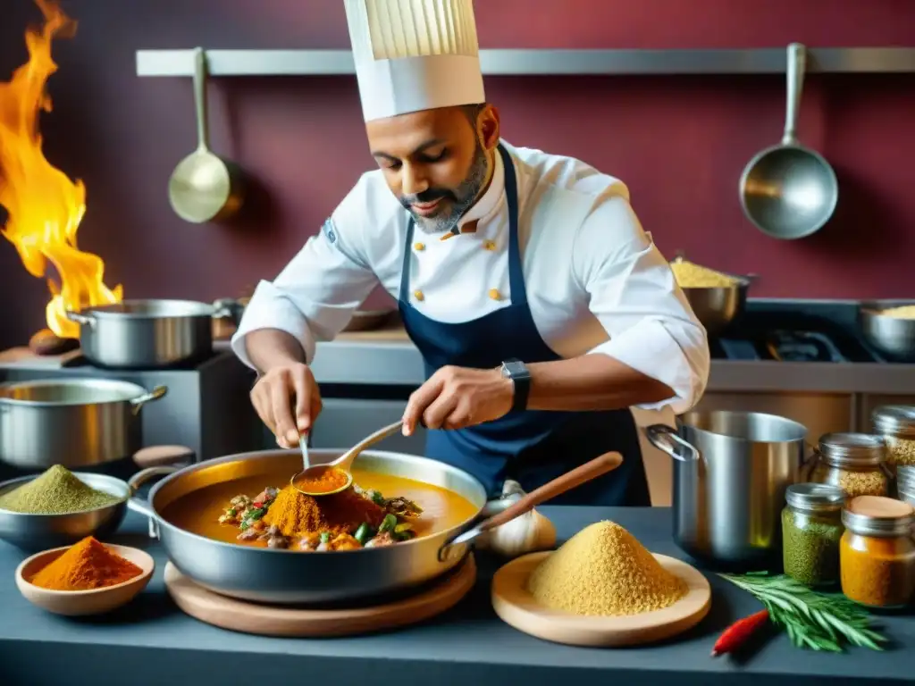 Un chef francés innovador preparando una receta de curry en una cocina tradicional, rodeado de ingredientes y especias