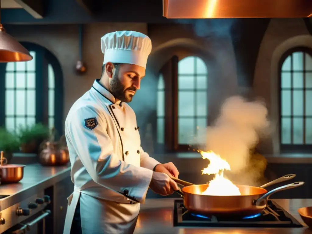 Un chef francés innovador preparando una salsa clásica con técnicas culinarias francesas innovadoras