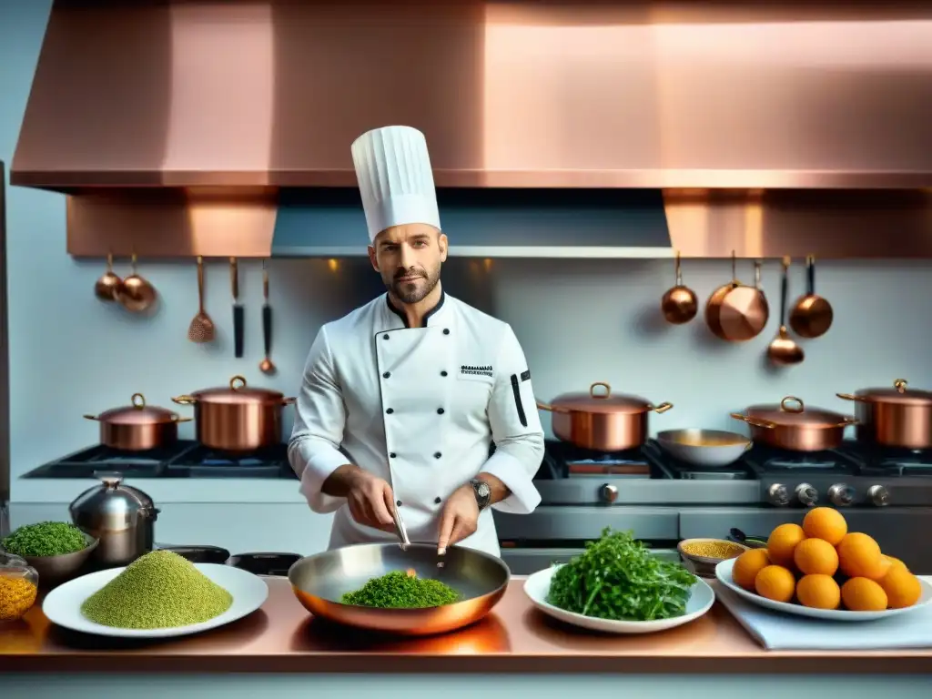 Un chef francés innovador fusionando técnicas clásicas con modernidad en una cocina bulliciosa