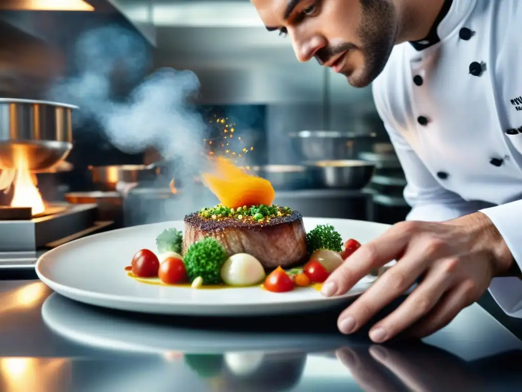 Un chef francés creando una innovadora y vibrante obra culinaria en una cocina de alta gama