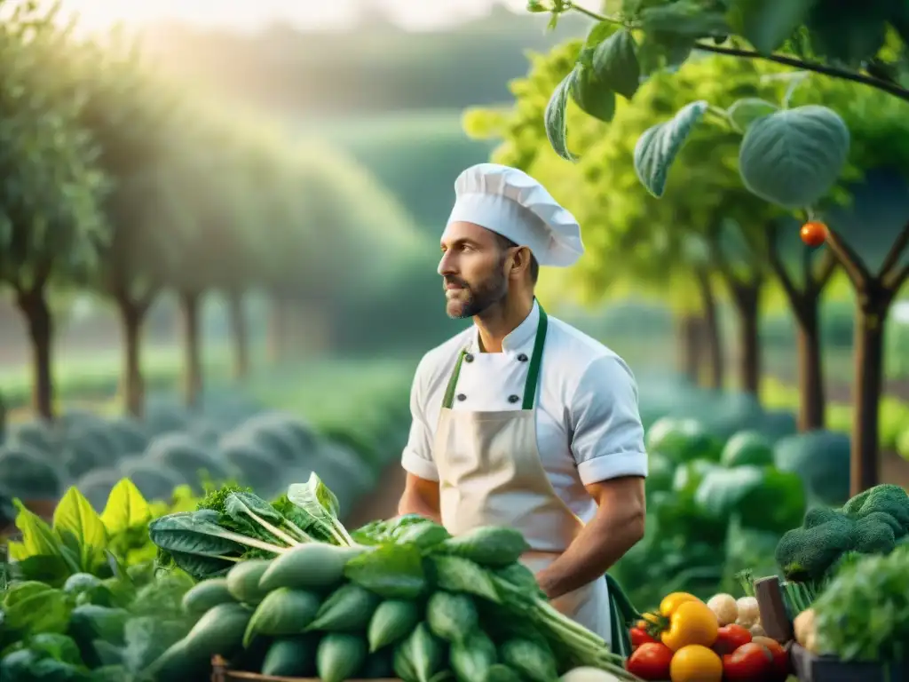 Un chef francés en un jardín cosechando hierbas y vegetales, reflejando la permacultura en la gastronomía francesa