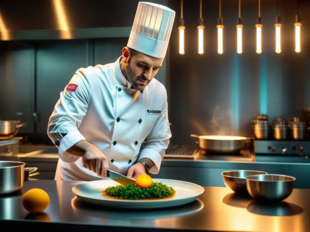 Un chef francés en un laboratorio de cocina moderno, rodeado de herramientas e ingredientes innovadores, creando una obra maestra culinaria