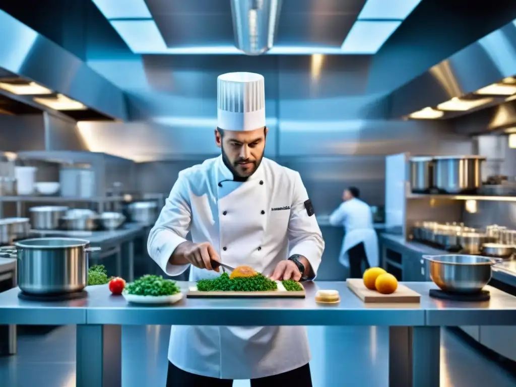 Un chef francés en laboratorio culinario con tecnología avanzada, aplicando Técnicas modernas cocina francesa