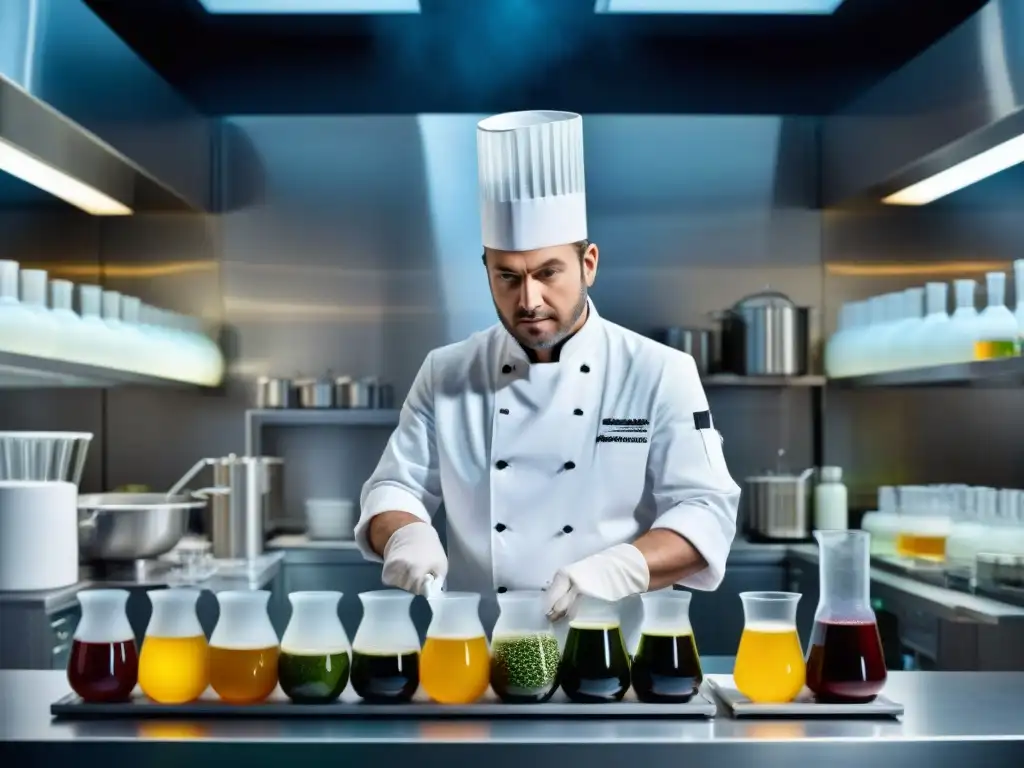 Un chef francés en laboratorio culinario de vanguardia, creando platos innovadores con técnicas científicas