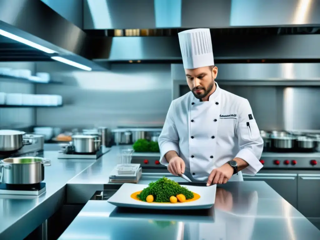 Chef francés en laboratorio culinario con tecnología innovadora, fusionando tradición y vanguardia