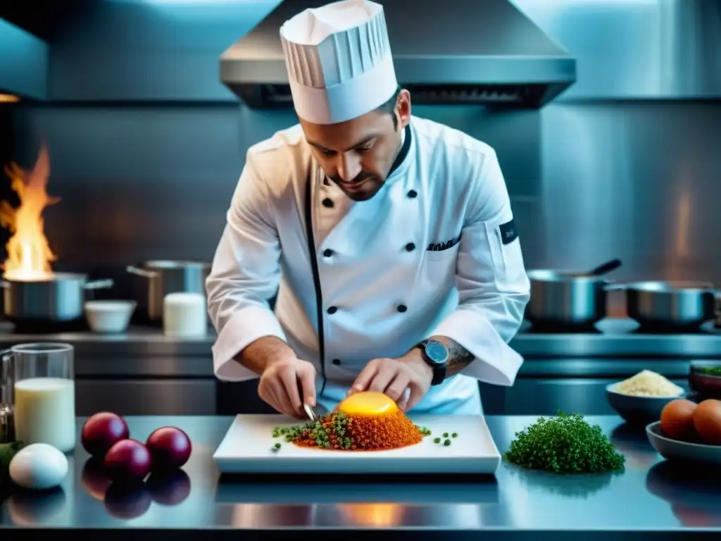 Un chef francés innovando en la gastronomía con precisión en su laboratorio culinario moderno