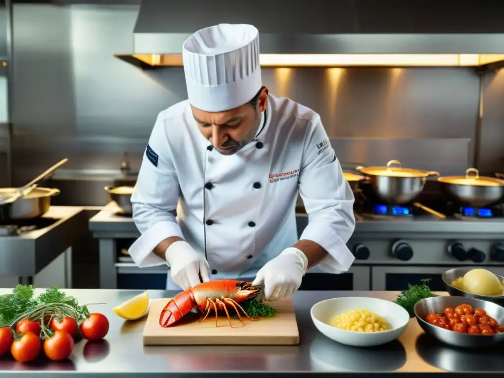 Un chef francés preparando langosta Armoricana en cocina profesional, destacando la gastronomía francesa