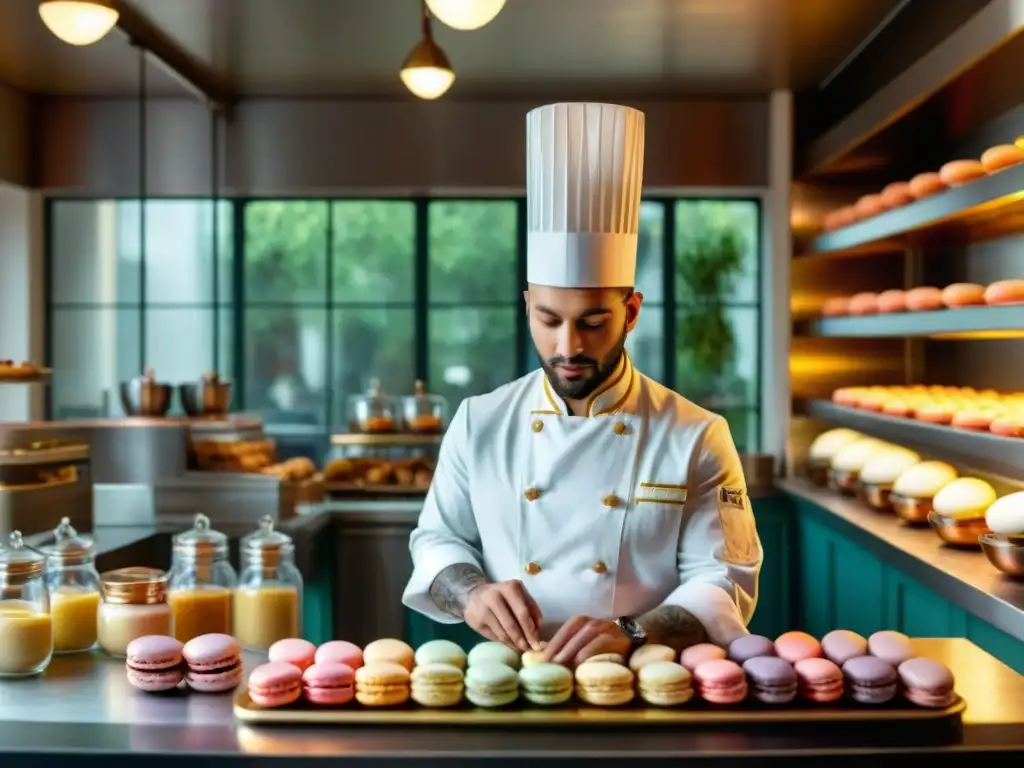 Un chef francés creando macarons en una pastelería parisina, con una atmósfera encantadora de utensilios vintage y luz natural