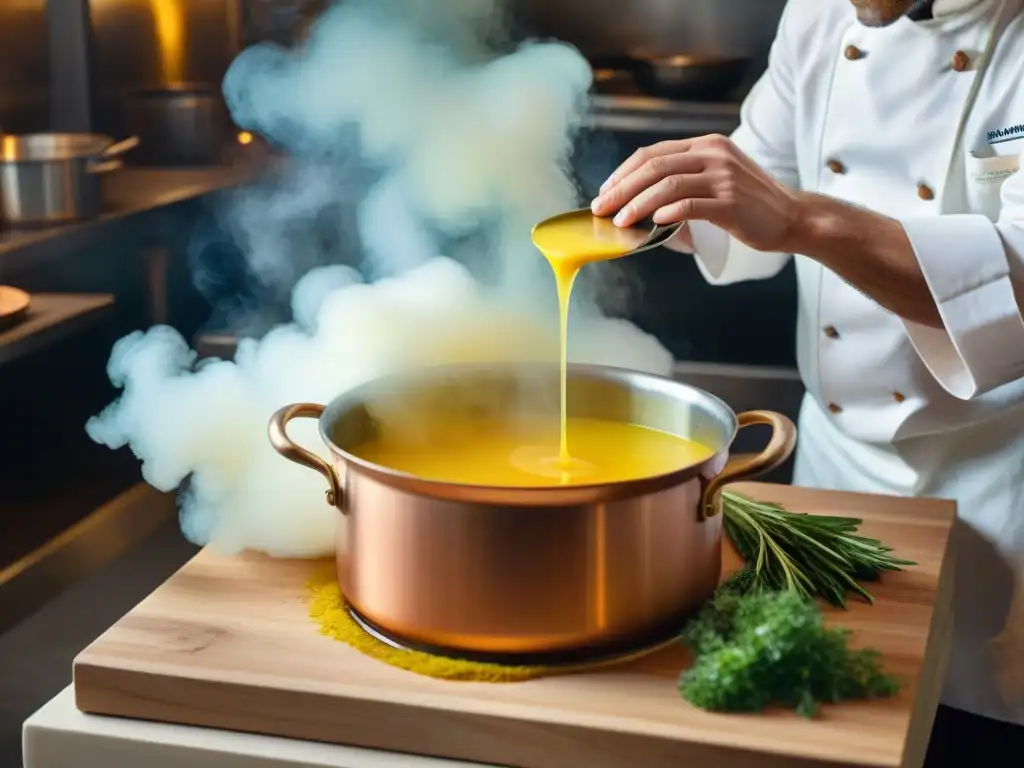 Un chef francés clarificando mantequilla en un tradicional recipiente de cobre, resaltando la excelencia culinaria