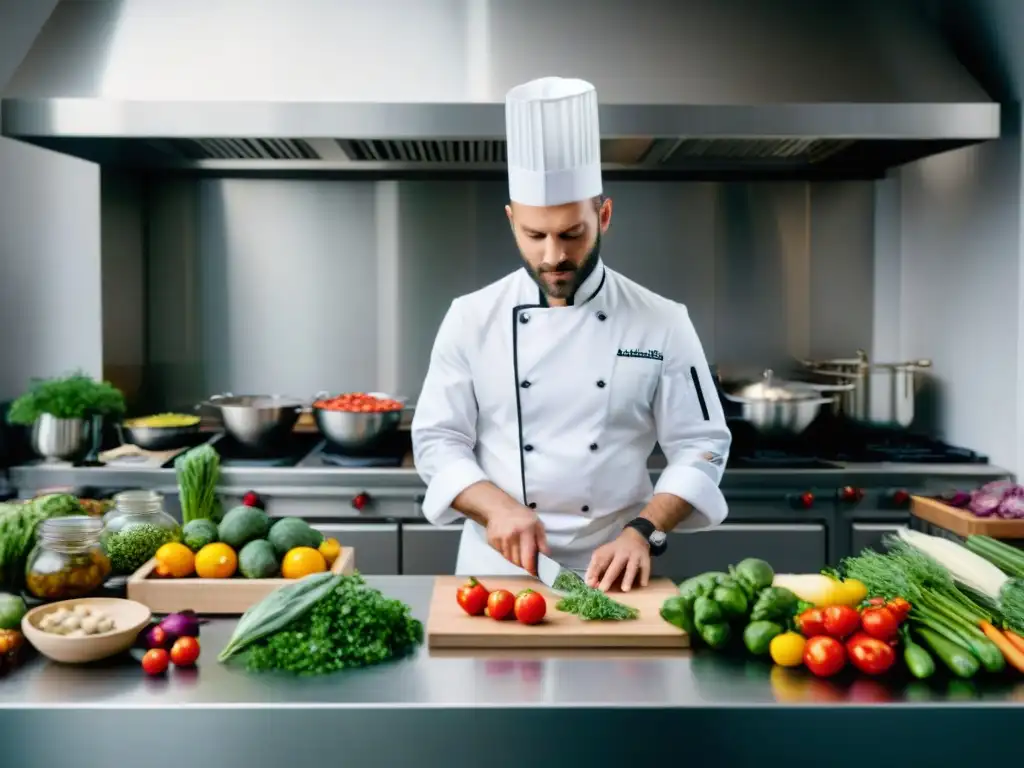 Un chef francés preparando un menú francés zero waste con ingredientes orgánicos en una cocina eco-sostenible