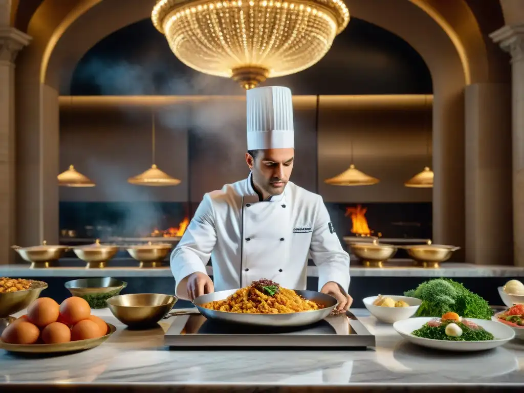 Un chef francés elaborando un menú gourmet en una cocina elegante, con notas de música clásica en el aire