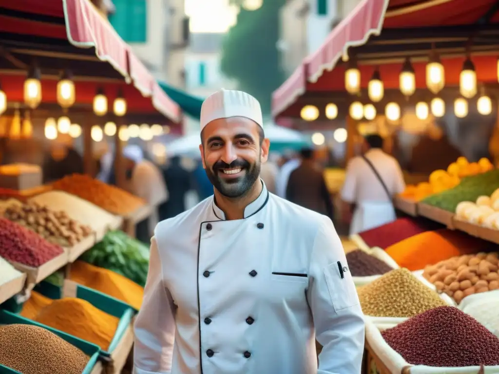 Un chef francés en un mercado árabe seleccionando ingredientes exóticos