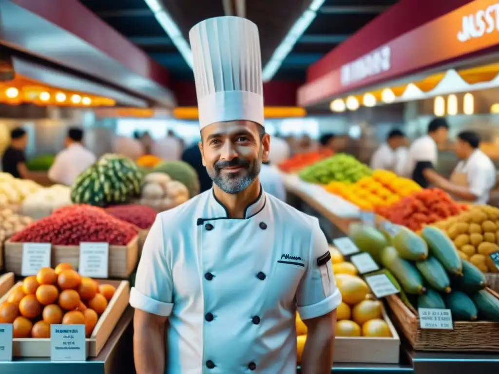 Un chef francés en un mercado asiático, fusionando cocina francesa tradicional innovadora con ingredientes asiáticos