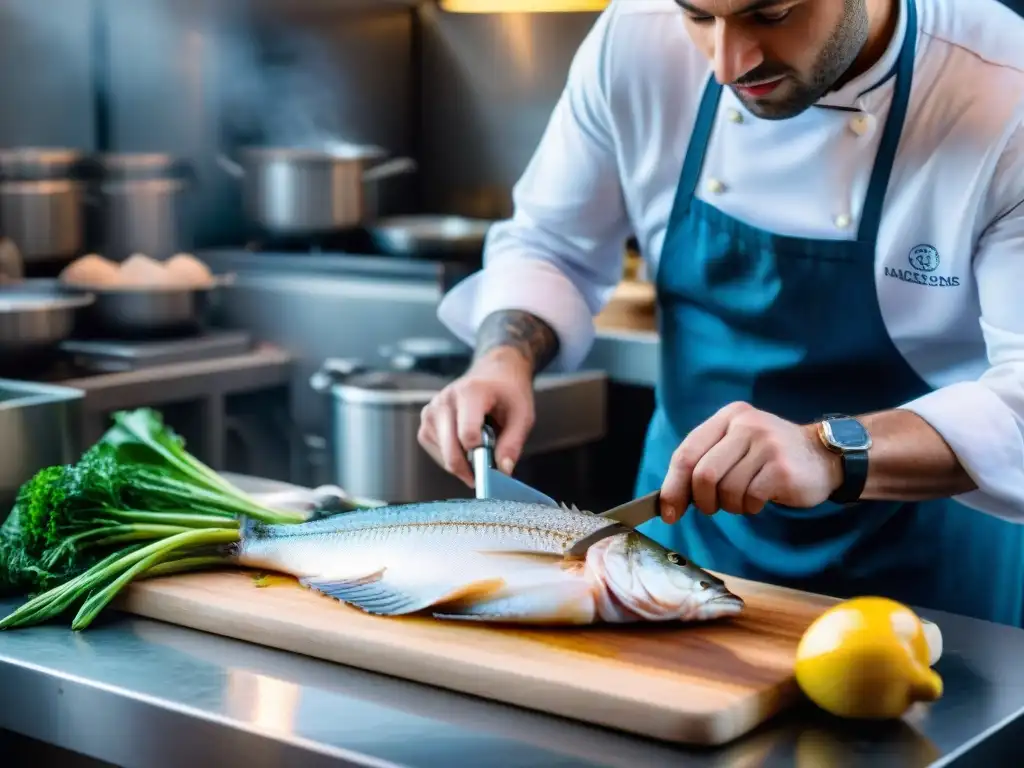 Un chef francés fileteando una sole en un mercado parisino, transmitiendo maestría culinaria