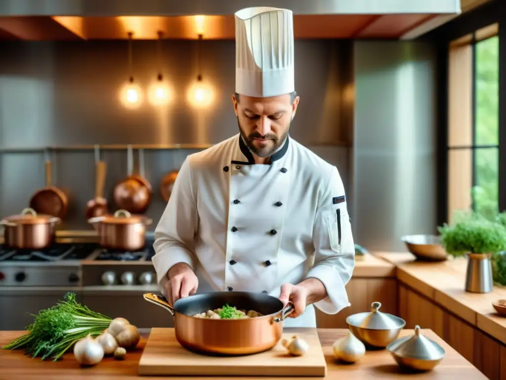 Un chef francés preparando con meticulosidad una receta tradicional de Blanquette de Veau en una cocina clásica francesa