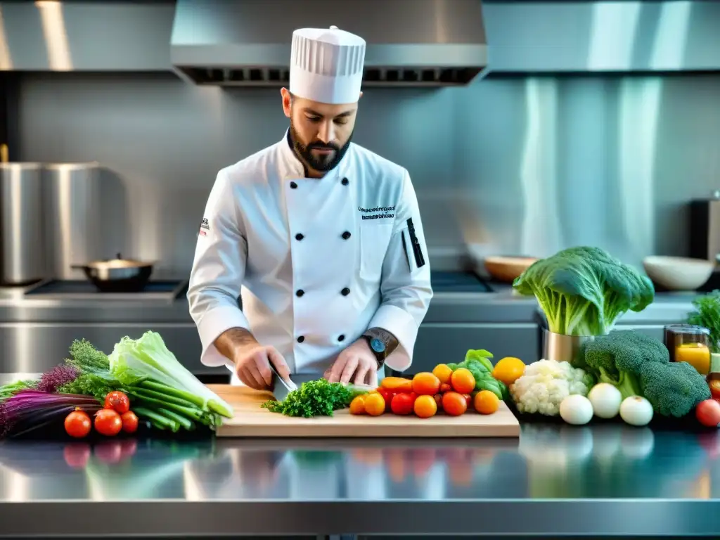 Un chef francés preparando con meticulosidad recetas de vegetales al vacío en una cocina moderna y elegante