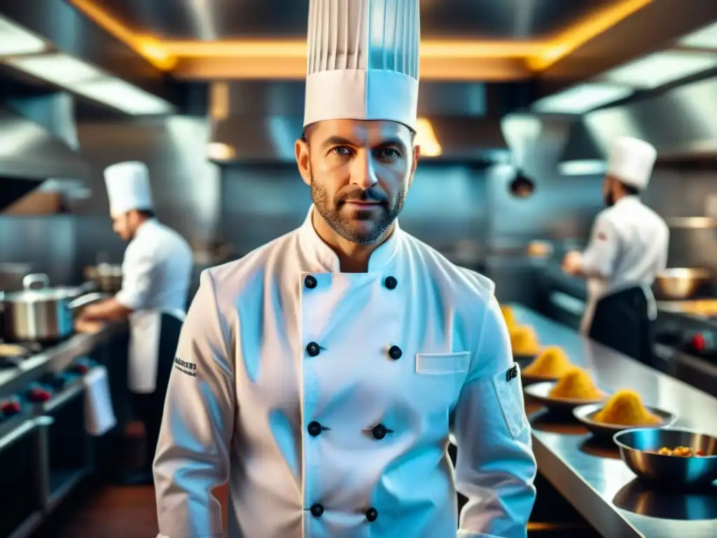 Un chef francés meticuloso en su cocina, plato delicado