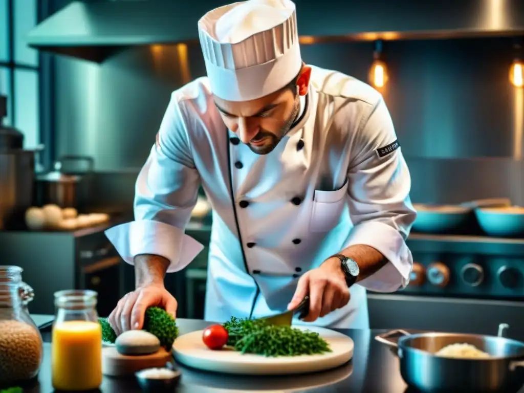 Un chef francés meticuloso preparando un platillo en una cocina profesional, demostrando técnicas de cocina francesa avanzadas