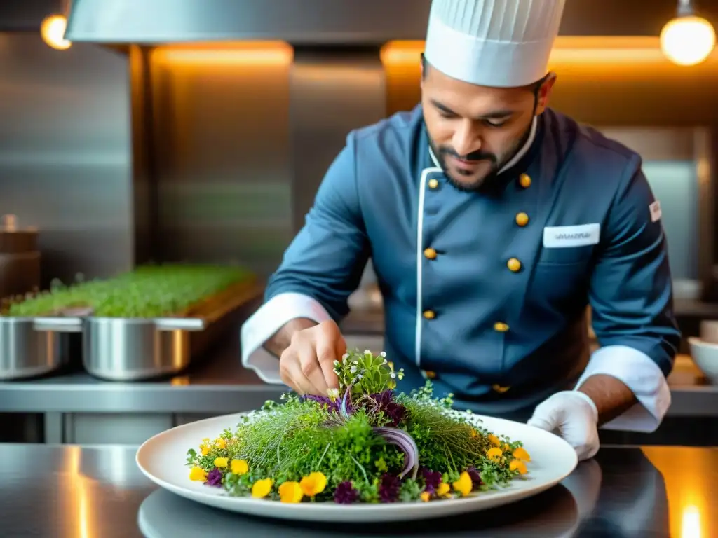 Un chef francés meticuloso creando un plato con técnicas avanzadas de presentación, rodeado de microgreens y flores comestibles