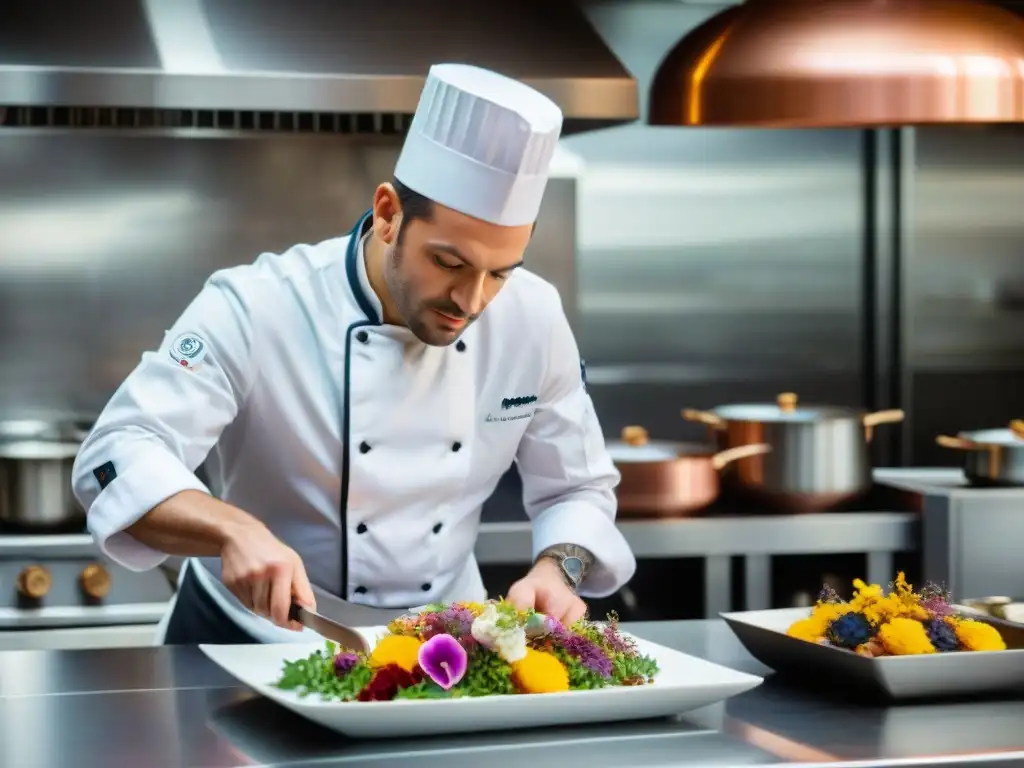 Un chef francés meticuloso decora un plato colorido en una elegante cocina parisina