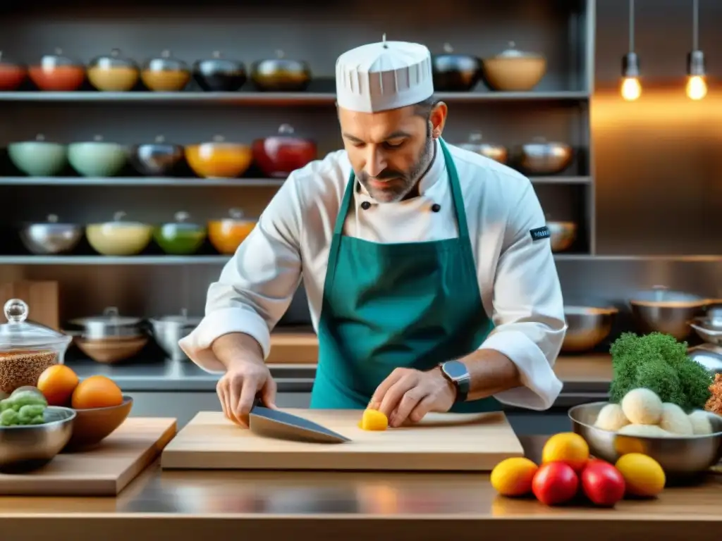 Un chef francés meticuloso crea postre exquisito rodeado de ingredientes coloridos